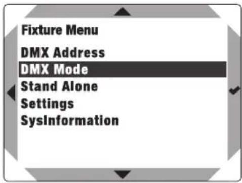 Fixture Menu DMX Address DMX Mode Stand Alone Settings SysInformation