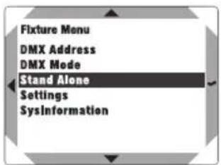 Fixture Menu DMX Address DMX Mode Stand Alone Settings SysInformation