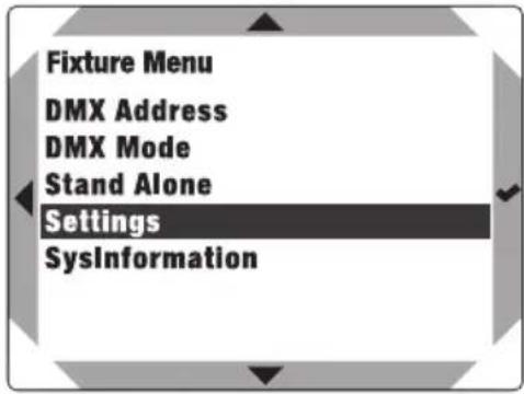 Fixture Menu DMX Address DMX Mode Stand Alone Settings SysInformation