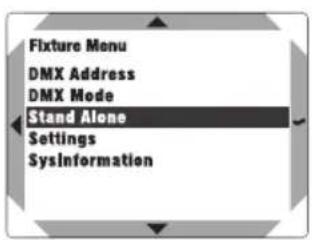 Fixture Menu DMX Address DMX Mode Stand Alone Settings Sysinformation