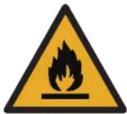 Warning sign depicting a flame symbol in yellow and black on a white background