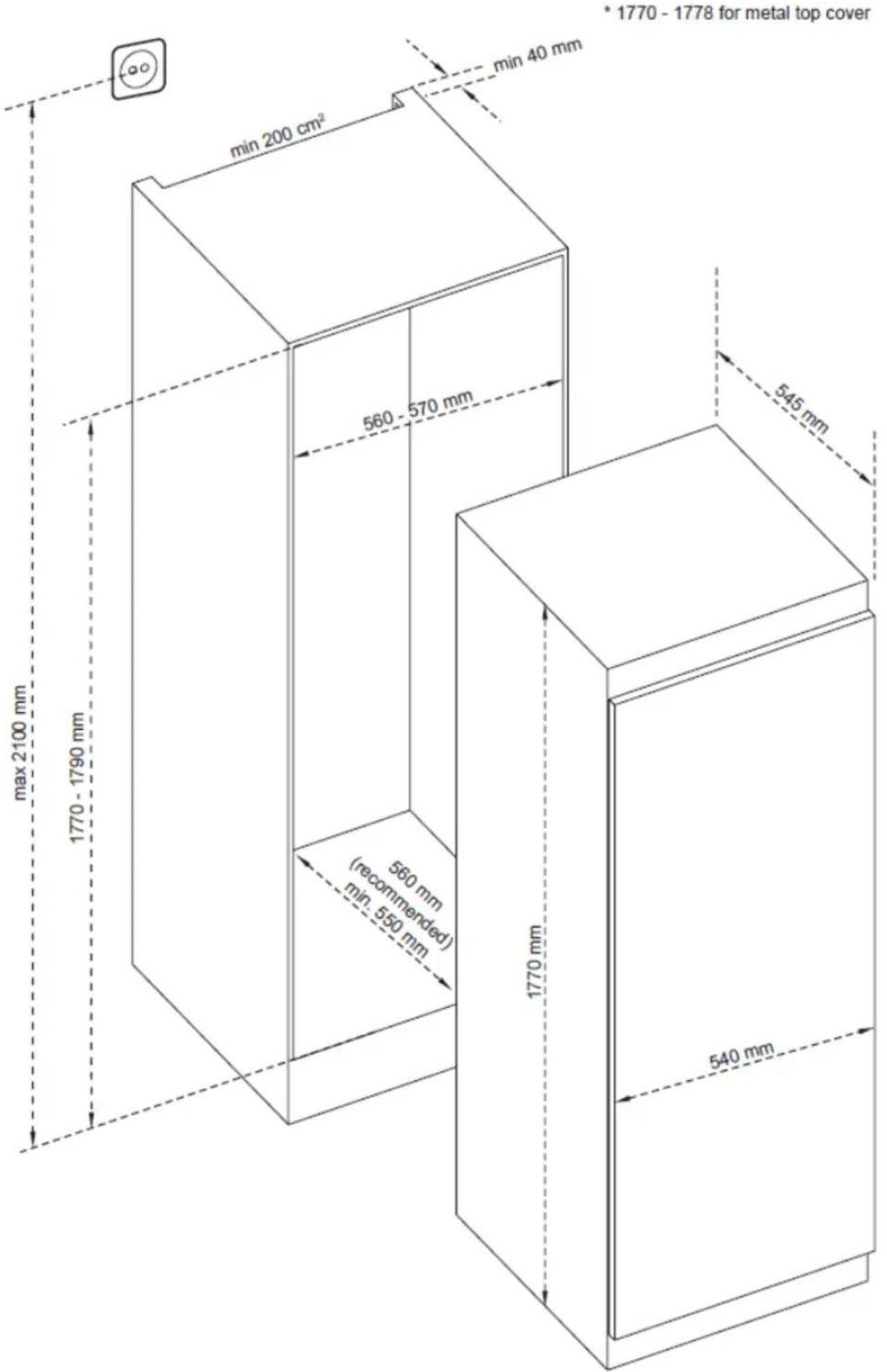 min 200 cm² min 40 mm * 1770 - 1778 for metal top cover 560 - 570 mm max 2100 mm 1770 - 1790 mm 560 mm (recommended) min. 550 mm 1770 mm 540 mm