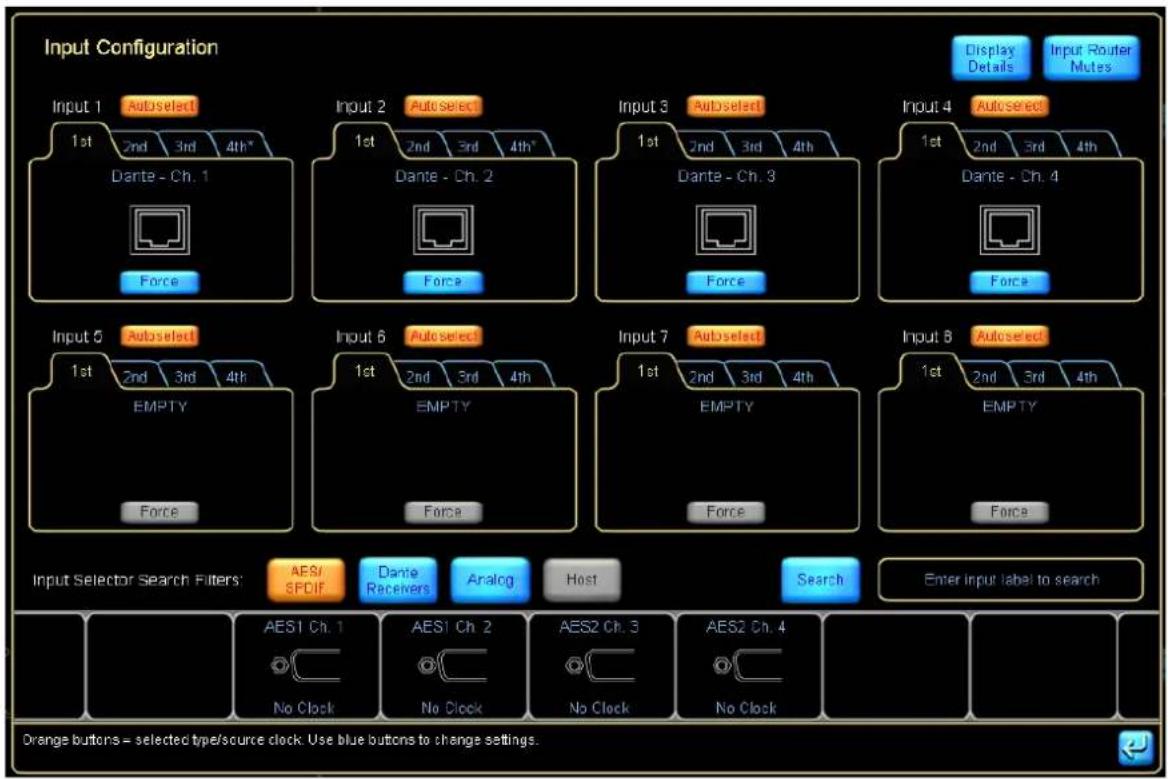 Input Configuration. Input 1: Auto select, 1st, 2nd, 3rd, 4th*, Dante - Ch. 1, Force. Input 2: Auto select, 1st, 2nd, 3rd, 4th*, Dante - Ch. 2, Force. Input 3: Auto select, 1st, 2nd, 3rd, 4th*, Dante - Ch. 3, Force. Input 4: Auto select, 1st, 2nd, 3rd, 4th*, Dante - Ch. 4, Force. Input 5: Auto selec…