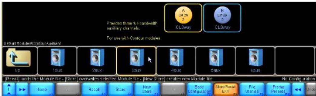 Provides three full-bandwidth auxiliary channels. For use with Contour modules. Default Module x Contour Auxiliary. Up, 1aux, 2aux, 3aux, 4aux, 5aux, 6aux. [Recall] loads the Module file - [Store] overwrites selected Module file - [New Store] creates new Module file. Home, Recall, Store, New Store,…