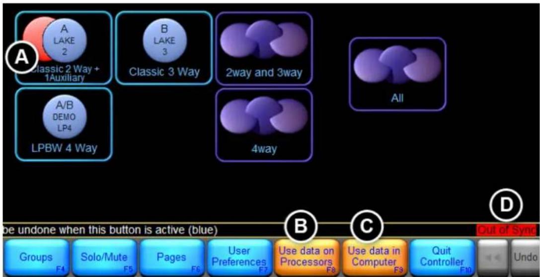 A Classic 2 Way + 1Auxiliary B LAKE 3 Classic 3 Way 2way and 3way A/B DEMO LP4 LPBW 4 Way 4way All B C D be undone when this button is active (blue) Groups F4 Solo/Mute F5 Pages F6 User Preferences F7 Use data on Processors F8 Use data in Computer F9 Quit Controller F10 Undo