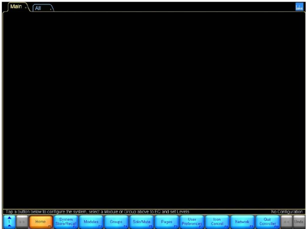 Main - All . Tap a button below to configure the system, select a Module or Group above to EC and set Levels No Configuration 1 Home F1 System Store/Recall F2 Modules F3 Groups F4 Solo/Mute F5 Pages F6 User Preferences F7 Icon Control F8 Network F9 Quit Controller F10 Undo