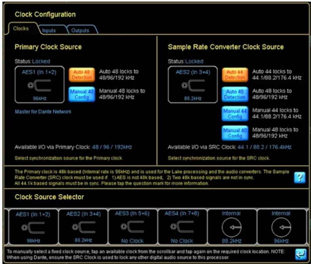 Clock Configuration Clocks Inputs Outputs Primary Clock Source Status: Locked AES1 (In 1+2) 96kHz Auto 48 Detection Auto 48 locks to 48/96/192 kHz Manual 48 Config Manual 48 locks to 48/96/192 kHz Master for Dante Network Available I/O via Primary Clock 48 / 96 / 192kHz Select synchronization source…