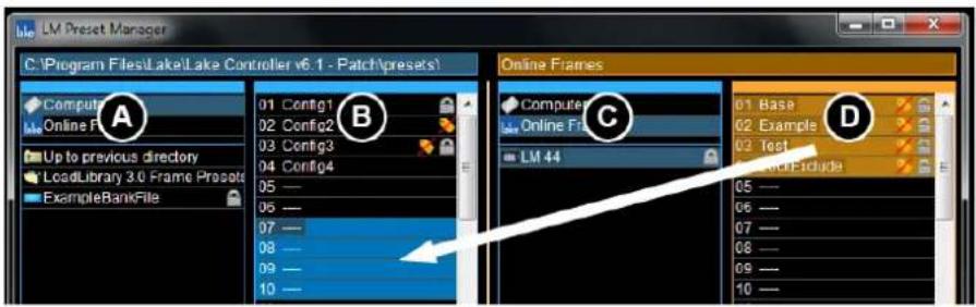 LM Preset Manager C:\Program Files\Lake\Lake Controller v6.1 - Patch\Presets\ Computer Online Frames A Up to previous directory LoadLibrary 3.0 Frame Presets ExampleBankFile 01 Config1 02 Config2 03 Config3 04 Config4 05 — 06 — 07 — 08 — 09 — 10 — B Online Frames Computer Online F C LM 44 01 Base 02…