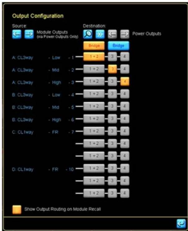 Output Configuration Source: Module Outputs via Power Outputs Only) Destination: Power Outputs Bridge Bridge A: CL3way - Low - 1 1 + 2 3 4 A: CL3way - Mid - 2 1 + 2 0 4 A: CL3way - High - 3 1 + 2 3 4 B: CL3way - Low - 4 1 + 2 3 4 B: CL3way - Mid - 5 1 + 2 3 4 B: CL3way - High - 6 1 + 2 3 4 C: CL1way…