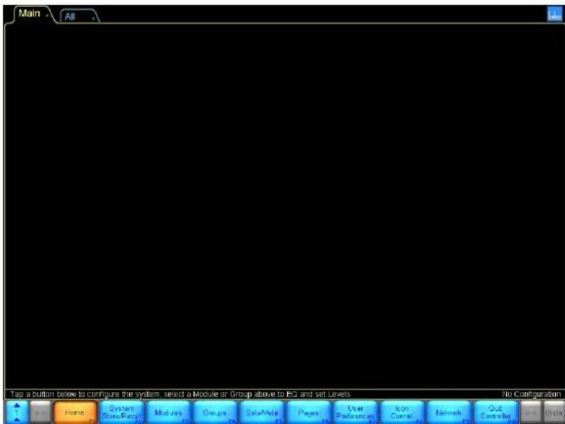 Main All Tap a button below to configure the system, select a Module or Group above to EQ and set Levels No Configuration Home System Draw Bars Modules Change Sales Made Pages User Preferences Icon Control Networks Out Controller Inside
