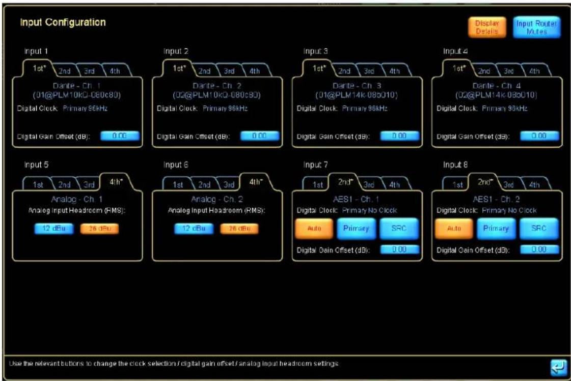 Input Configuration. Input 1: 1st* 2nd 3rd 4th, Dante - Ch. 1 (01@PLM10kQ-080c80), Digital Clock: Primary 96kHz, Digital Gain Offset (dB): 0.00. Input 2: 1st* 2nd 3rd 4th, Dante - Ch. 2 (02@PLM10kQ-080c80), Digital Clock: Primary 96kHz, Digital Gain Offset (dB): 0.00. Input 3: 1st* 2nd 3rd 4th, Dant…