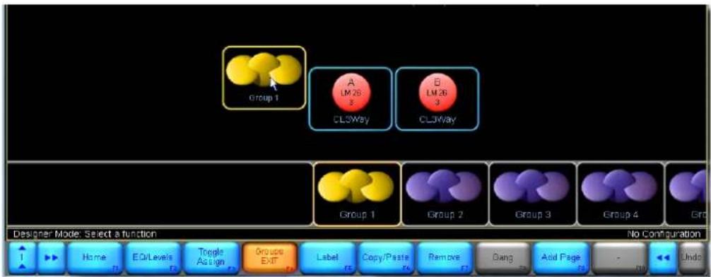 Group 1: A LM 28 CL3Way, B LM 26 CL3Way. Group 1, Group 2, Group 3, Group 4, Group. Designer Mode: Select a function. Home, ED Levels, Toople, Assign, Groups, EXIT, Label, Copy/Paste, Remove, Dang, Add Page, -, Undo.