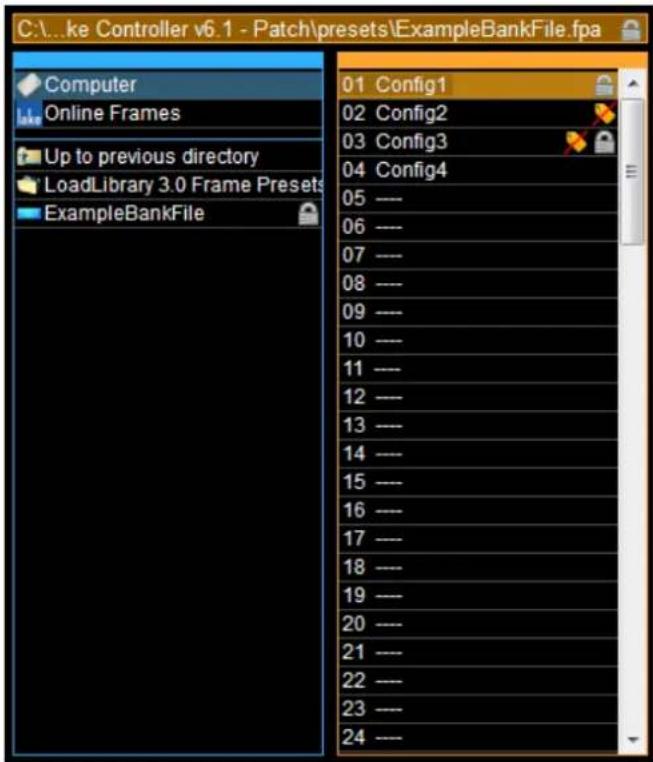 C:\...\ke Controller v6.1 - Patch\presets\ExampleBankFile.fpa Computer Online Frames Up to previous directory LoadLibrary 3.0 Frame Presets ExampleBankFile 01 Config1 02 Config2 03 Config3 04 Config4 05 ---- 06 ---- 07 ---- 08 ---- 09 ---- 10 ---- 11 ---- 12 ---- 13 ---- 14 ---- 15 ---- 16 ---- 17 -…