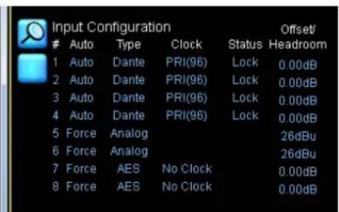 Input Configuration Auto Type Clock Status Headroom 1 Auto Dante PRI(96) Lock 0.00dB 2 Auto Dante PRI(96) Lock 0.00dB 3 Auto Dante PRI(96) Lock 0.00dB 4 Auto Dante PRI(96) Lock 0.00dB 5 Force Analog 26dBu 6 Force Analog 26dBu 7 Force AES No Clock 0.00dB 8 Force AES No Clock 0.00dB