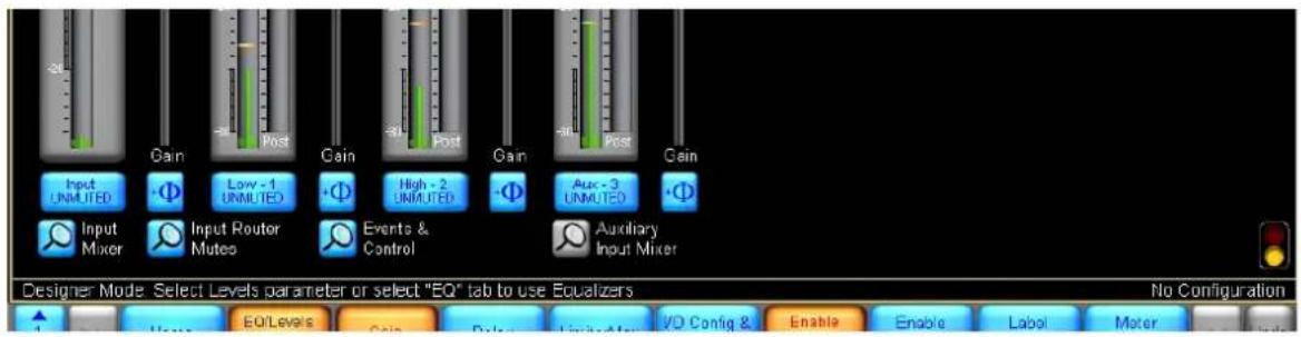 Input UNMUTED Input Mixer Gain Low - 1 UNMUTED Input Router Mutes High - 2 UNMUTED Events & Control Aux - 3 UNMUTED Auxiliary Input Mixer Designer Mode: Select Levels parameter or select "EQ" tab to use Equalizers No Configuration E0/Levels Gain Select Level V/D Config & Enable Enable Label Meter No