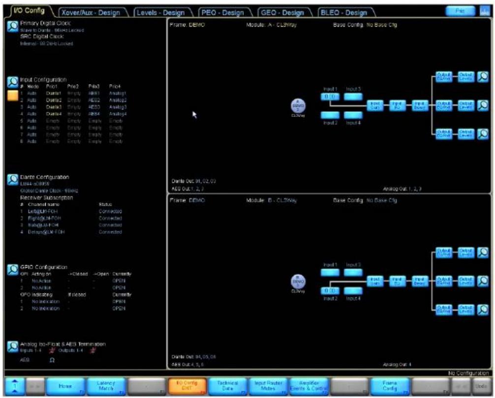 I/O Config Xover/Aux - Design Levels - Design PEO - Design GEO - Design BLEO - Design Primary Digital Clock Slave to Dante - CLS3ay Locked SRC Digital Clock Internal - Mid-2400 Locked Input Configuration Mode Pric1 Pric2 Plic3 Pric4 1 Auto Dante1 Empty AES1 Analog1 2 Auto Dante2 Empty AES2 Analog2 3…