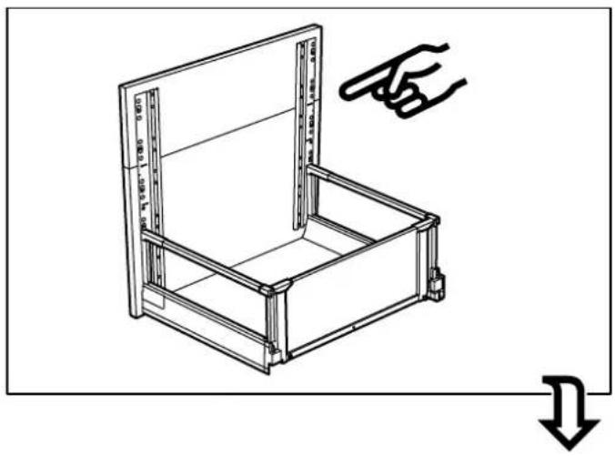 Dessin au trait d'un dispositif mécanique avec un couvercle ouvert et un cadre interne, montrant une main pointant vers le haut (sans texte ni symboles)