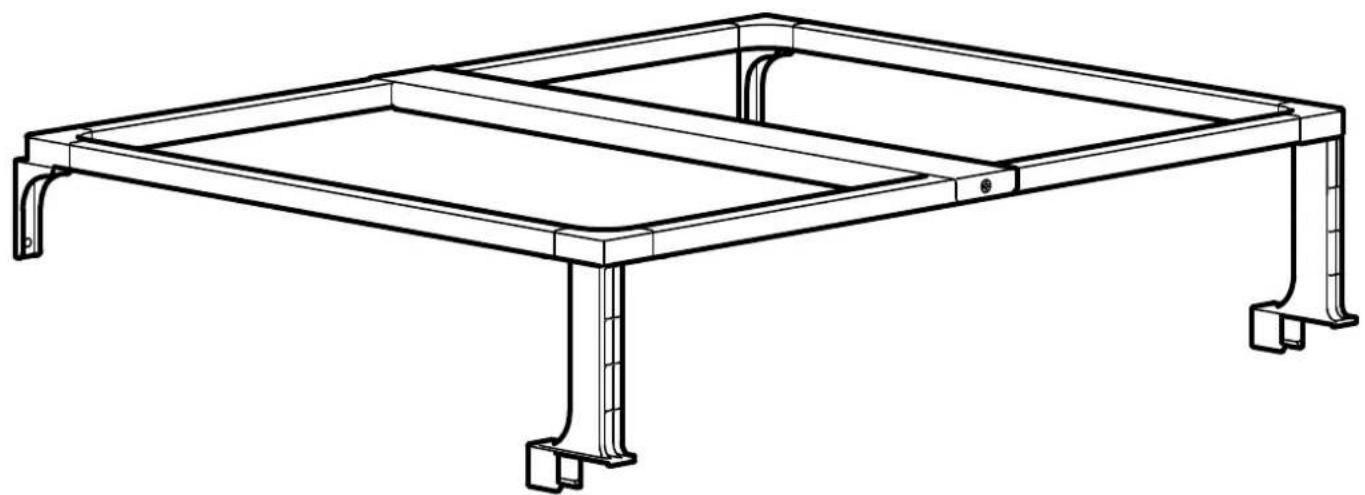 Dessin au trait d'une structure de cadre métallique avec supports et pieds (sans texte ni symboles)