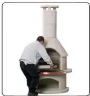 Person operating a large ceramic stove with a chimney (no visible text or symbols)