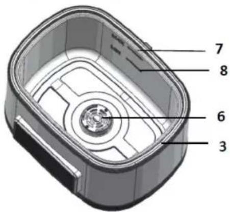 Technical diagram of a device casing with numbered parts labeled 3, 6, 7, and 8.