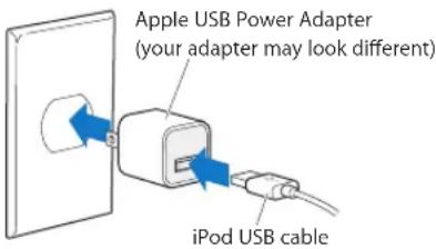 Apple USB Power Adapter (your adapter may look different) iPod USB cable