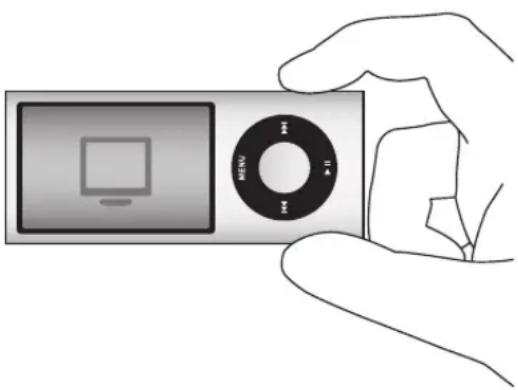 Illustration of a hand holding a remote control device with a monitor and circular dial (no text or symbols)