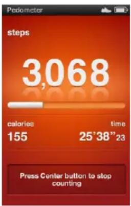 Pedometer steps 3,068 calories time 155 25'38" 23 Press Center button to stop counting