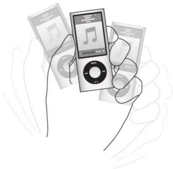 Illustration of a hand holding a small iPod device with musical notes, surrounded by other electronic devices (no text or symbols visible)