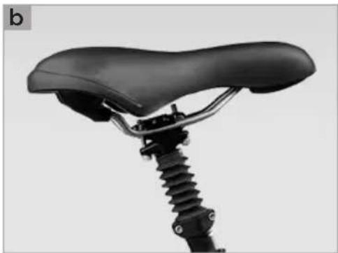 Close-up of a black bicycle seat with a spring and chain (no text or symbols visible)