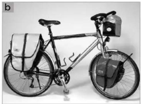 Black-and-white photo of a bicycle with rearcases and front-mounted accessories (no visible text or symbols)