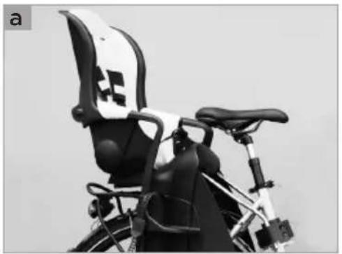 Close-up of a bicycle rear seat with white and black seats, no visible text or symbols