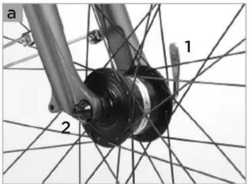 Close-up of a bicycle wheel assembly with labeled parts (1 and 2), no visible text or symbols beyond labels
