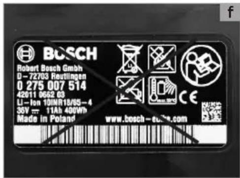 BOSCH Robert Bosch GmbH D-72703 Reutlingen 0 275 007 514 42611 0662 03 Li-Ion 10INR18/65-4 36V = 11Ah 400Wh Made in Poland www.bosch-euhe.com
