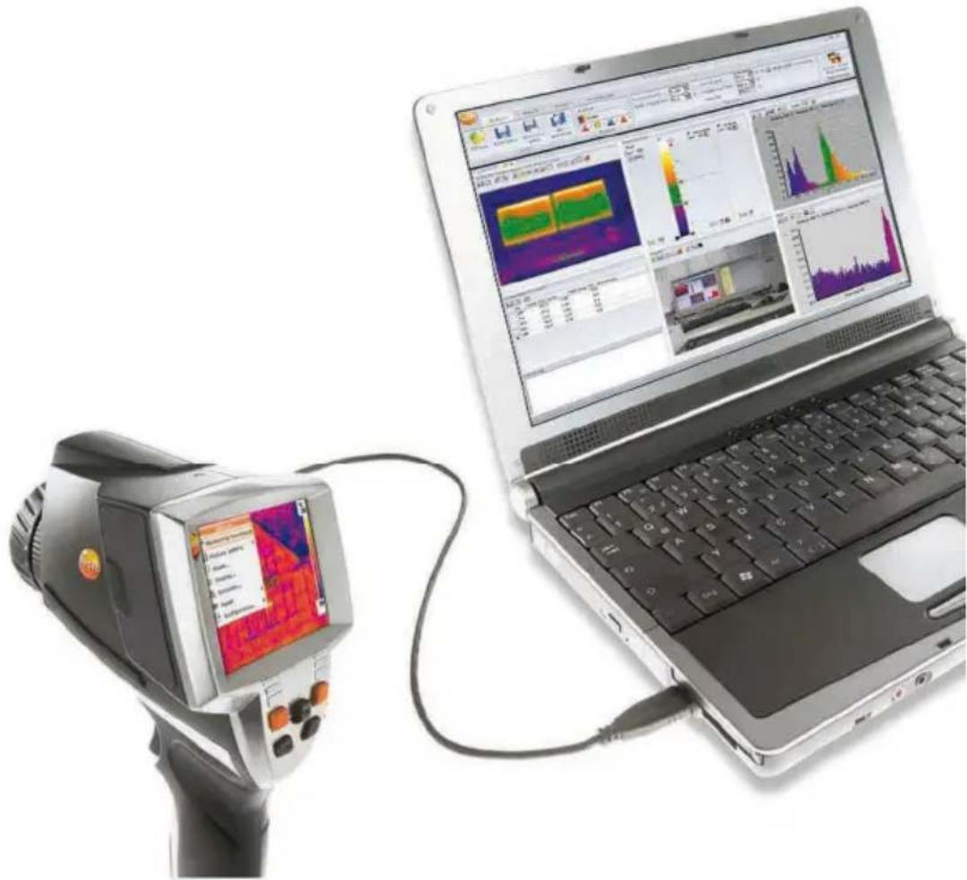 Laptop connected to a handheld electronic device displaying thermal imaging data, next to a laptop with a thermal visualization (no readable text or symbols on the devices)
