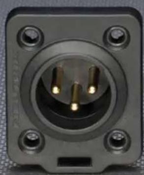 Close-up of a black electrical outlet terminal with three gold pins (no visible text or symbols)
