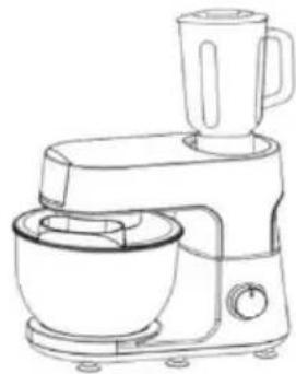 Line drawing of a kitchen mixer with a blender and bowl (no text or symbols)