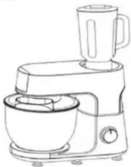 Line drawing of a kitchen mixer with a blender and bowl (no text or symbols)