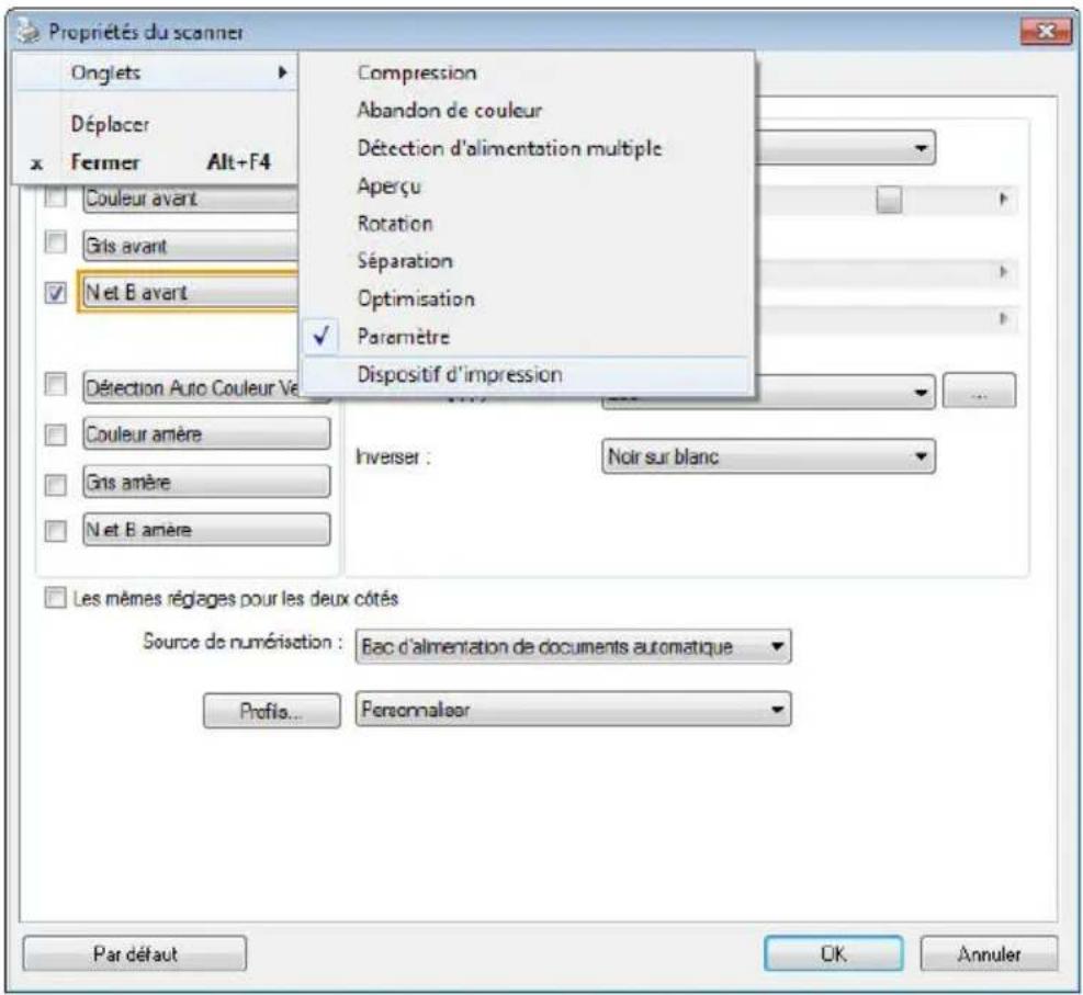 Propriétés du scanner Onglets Déplacer x Fermer Alt+F4 Couleur avant Gris avant Net B avant Compression Abandon de couleur Détection d'alimentation multiple Aperçu Rotation Séparation Optimisation Paramètre Dispositif d'impression Couleur amère Gris amère Net B amère Inverser : Noir sur blanc Les mê…