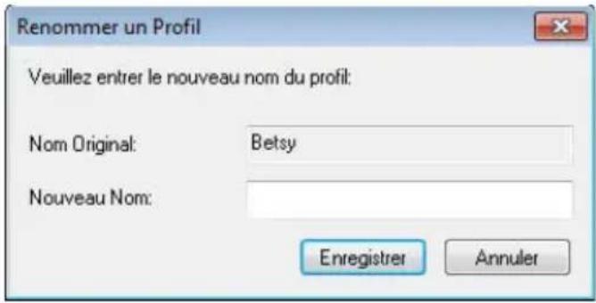 Renommer un Profil Veuillez entrer le nouveau nom du profil: Nom Original: Betsy Nouveau Nom: Enregistrer Annuler