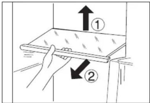 Diagram showing two hands holding a tray with arrows labeled ① and ② indicating movement or force direction.