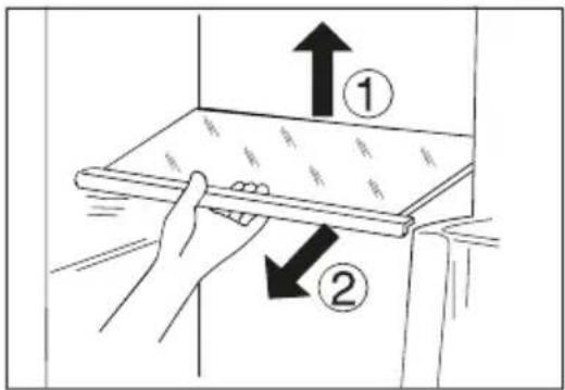 Diagram showing two hands holding a tablet with arrows labeled ① and ② indicating direction or movement.