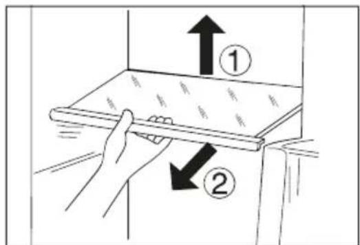 Diagram showing two labeled arrows (① and ②) pointing to a tray with a handle, indicating direction or movement in a technical or scientific context.