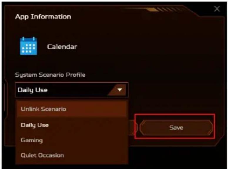 Informations sur l'application Calendrier Profil de scénario système Utilisation quotidienne Dissocier le scénario Utilisation quotidienne Jeu Occasion silencieuse Enregistrer