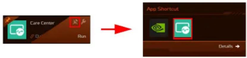 graph LR A["Care Center"] --> B["Run"] C["App Shortcut"] --> D["Details"]