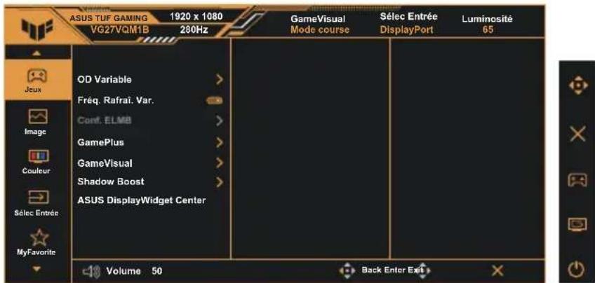 ASUS TUF GAMING 1920 x 1080 VG27VQM1B 260Hz GameVisual Mode course Sélec Entrée DisplayPort Luminosité 65 OD Variable > Fréq. Rafrai. Var. Conf. ELMB > GamePlus > GameVisual > Shadow Boost > ASUS DisplayWidget Center Volume 50 Back Enter Exit
