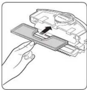 Illustration of a hand inserting a device into a tray (no text or symbols visible)