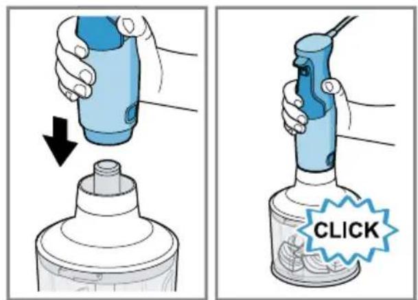Illustration showing two-step cleaning process: one using a brush to press down a bottle, the other adding a 'CLICK' button.