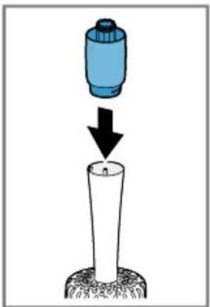 Diagram showing a blue cylindrical object being inserted into a white cylindrical tube, with a black arrow indicating the process (no text or symbols present).