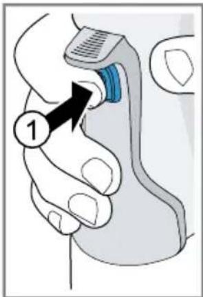 Diagram showing a hand holding a device with label '1' pointing to the button, likely indicating a step or procedure in a medical or diagnostic context.