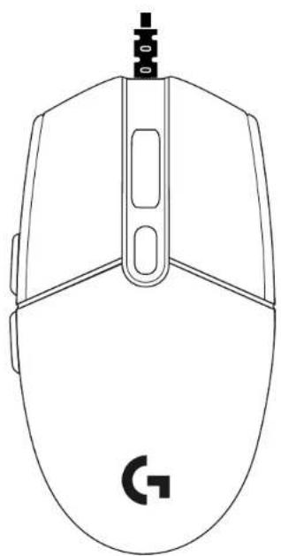 Line drawing of a computer mouse with a black 'G' logo and a small black '100' mark on the top (no text or symbols on the mouse itself)
